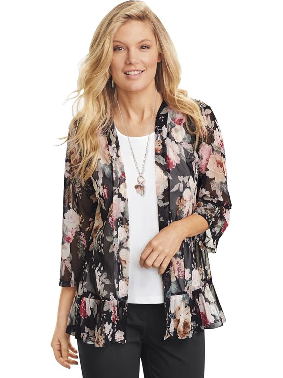 Floral Mesh Cardigan for Women, Sheer Open Front Jacket with 3/4 Sleeves, Lightweight Elegant Cover Up - 1X