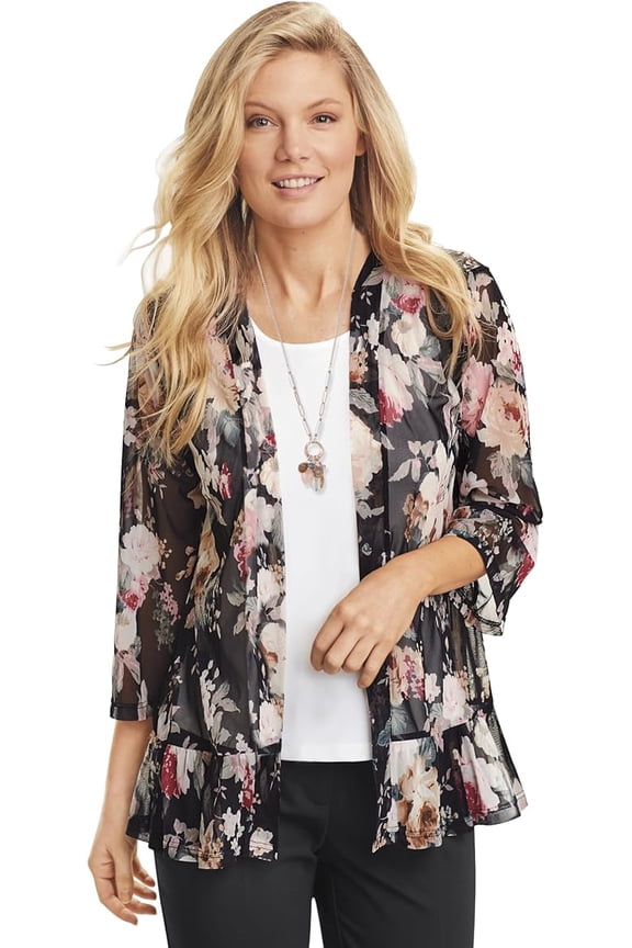 Floral Mesh Cardigan for Women, Sheer Open Front Jacket with 3/4 Sleeves, Lightweight Elegant Cover Up - Medium