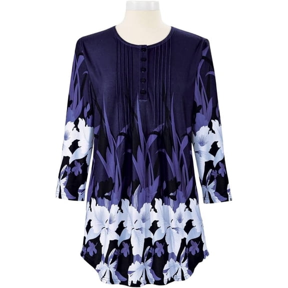 SAGEFINDS Floral Tunic Top for Women, Flower Graphic Print Blouse with 3/4 Sleeves, Loose Fit Casual Shirt for Office and Work - 1X