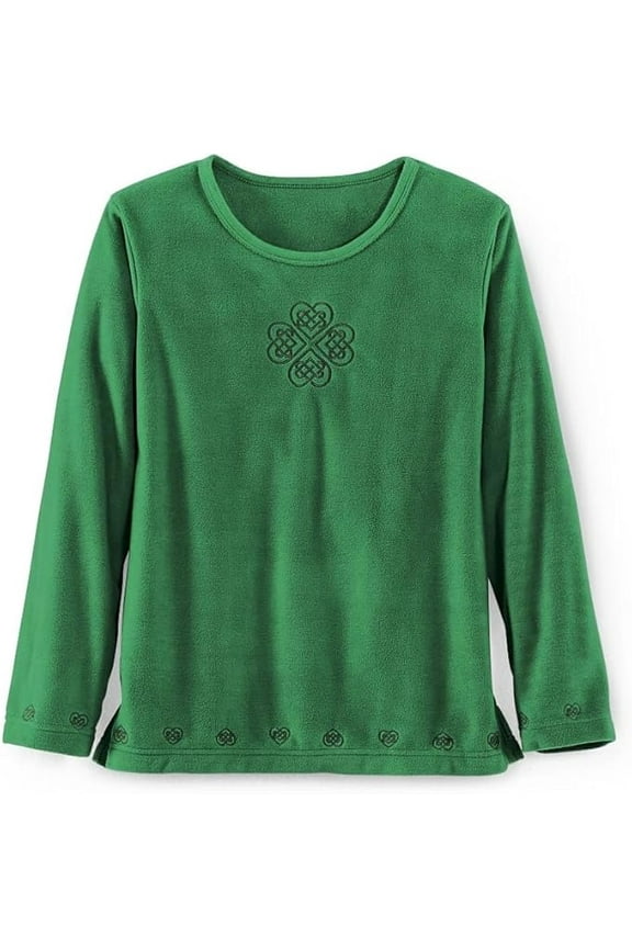 Green Celtic Fleece Top for Women, Embroidered Pullover with Long Sleeves, Casual Soft Shirt - 2X