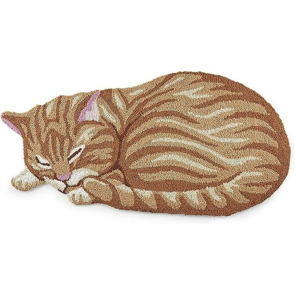 SAGEFINDS Hand Hooked Cat Rug | Orange Tabby Shaped Accent Mat | Cute Sleeping Kitty Area Rug | 17 x 35