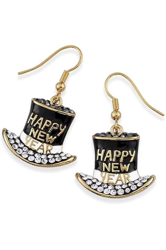 Happy New Years Eve Party Hat Earrings | Enameled Goldplate and Crystal Festive Holiday Jewelry | Sparkling Rhinestone Accessory