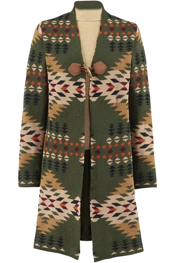 Long Cardigan Sweater for Women, Open Front with Long Sleeves, Retro Geometric Graphic Print Jacket, Fall Casual Coat - Medium