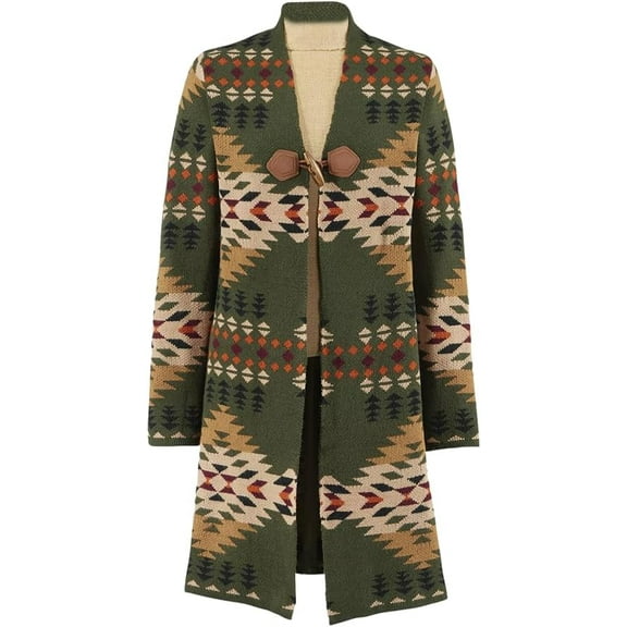 SAGEFINDS Long Cardigan Sweater for Women, Open Front with Long Sleeves, Retro Geometric Graphic Print Jacket, Fall Casual Coat - Medium