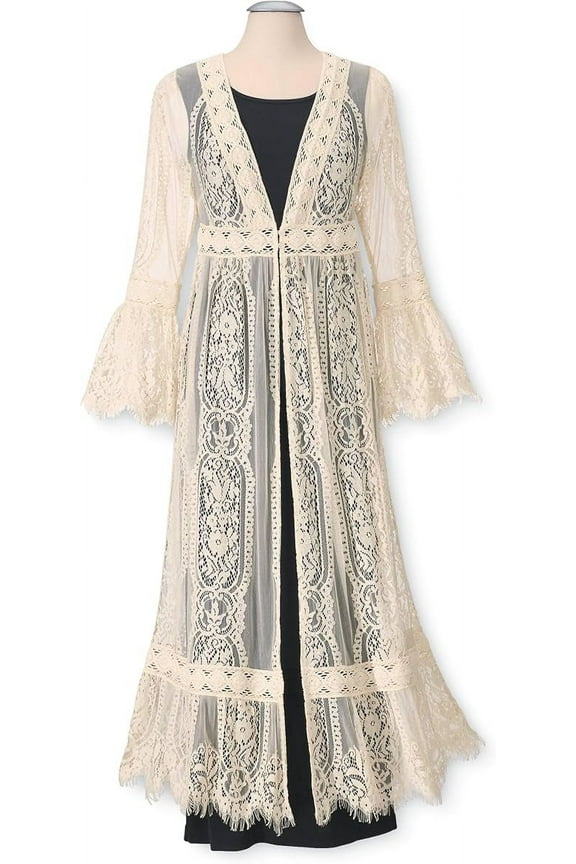 Long Lace Cardigan for Women, Flowy Boho Jacket Cover Up with V-Neckline, Fringed Sheer Beach Dress Kimono - Ecru 2X