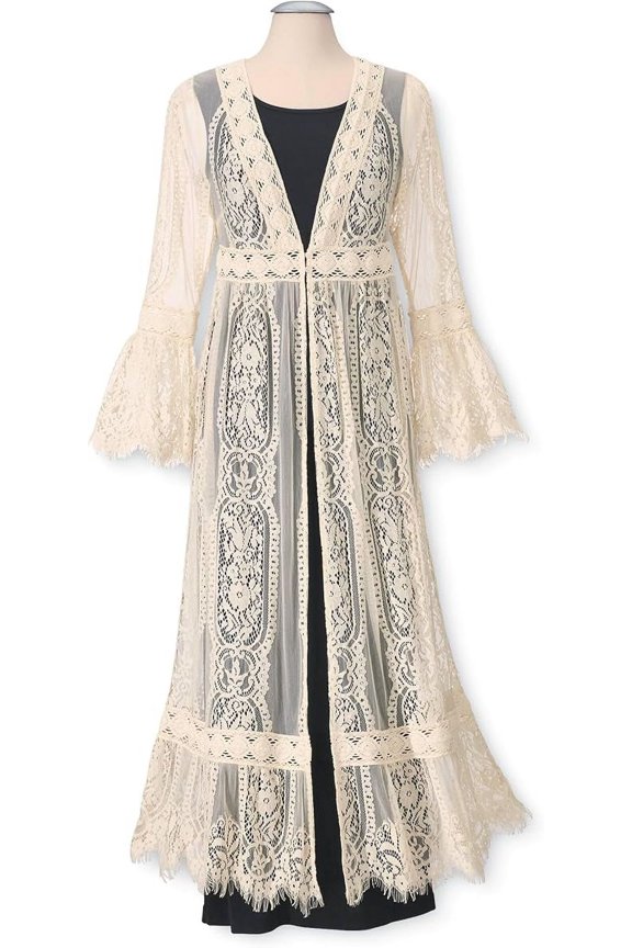 Long Lace Cardigan for Women, Flowy Boho Jacket Cover Up with V-Neckline, Fringed Sheer Beach Dress Kimono - Ecru Medium