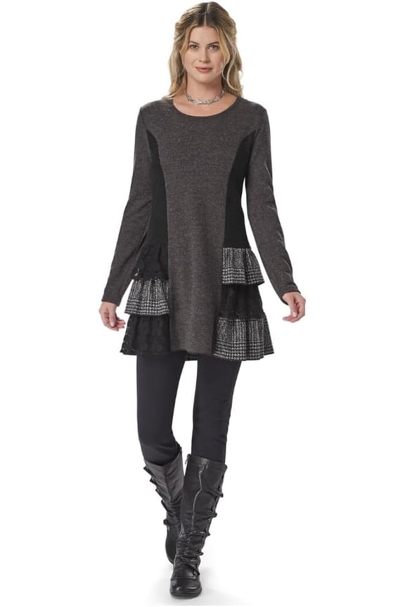 Mixed-Knit Tunic Top for Women, Mixed Knit Asymmetrical Blouse with Plaid and Lace Ruffles, Long Sleeves Shirt - Small