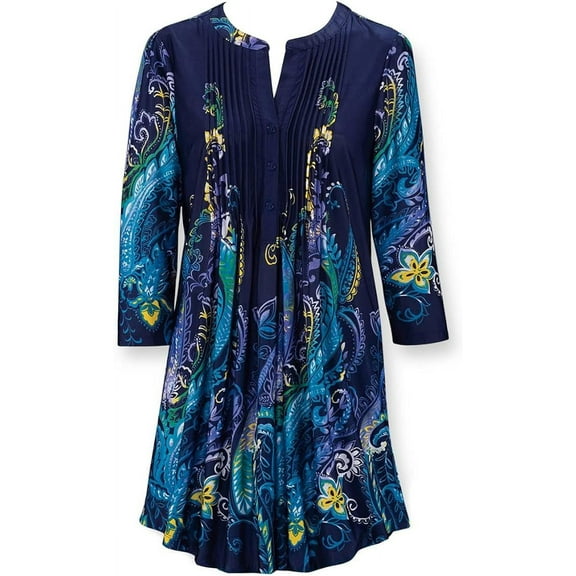 SAGEFINDS Paisley Pintuck Tunic for Women, Long Pullover Top with 3/4 Sleeves, Dressy Blouse, Casual Shirt
