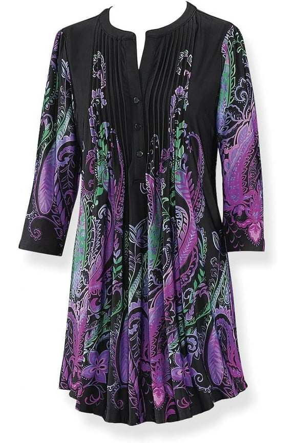 Paisley Pintuck Tunic for Women, Long Pullover Top with 3/4 Sleeves, Dressy Blouse, Casual Shirt