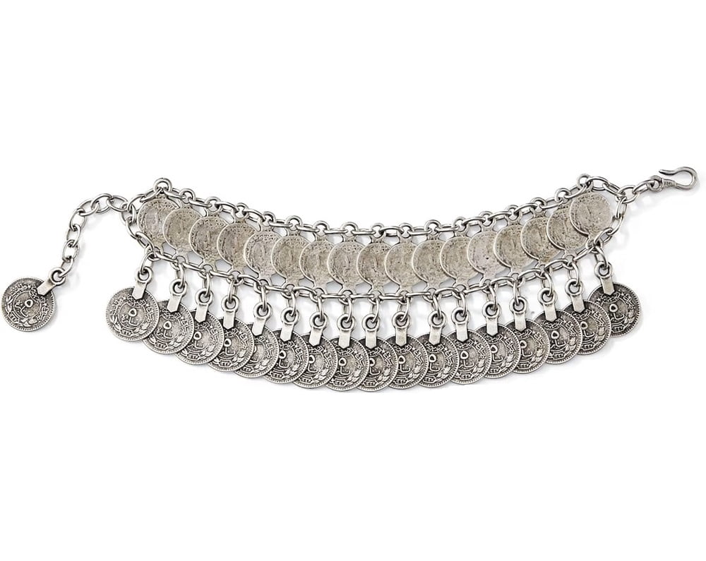 SAGEFINDS Pewter Coin Bracelet, Boho Gypsy Tribal Statement Jewelry, Belly Dance Charm Bracelet