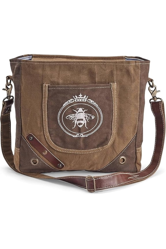 Queen Bee Messenger Bag | Upcycled Canvas Shoulder Purse for Women | Earth Friendly Tote | Adjustable and Detachable Crossbody Strap | Zip Closure | 12.25 x 12