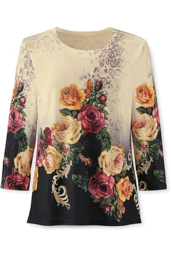 Rose Floral Top for Women Embellished with Rhinestones, Flower Printed Blouse, Shirt with 3/4 Sleeves and Round Neck - X-Large