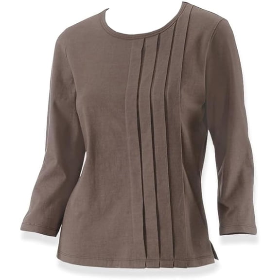 SAGEFINDS Side Pleated Tunic Knit Top for Women, Ladies Shirt with Long 3/4 Sleeves, Business Casual Blouse - Brown petite Medium