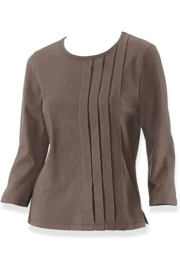Side Pleated Tunic Knit Top for Women, Ladies Shirt with Long 3/4 Sleeves, Business Casual Blouse - Brown petite X-Large