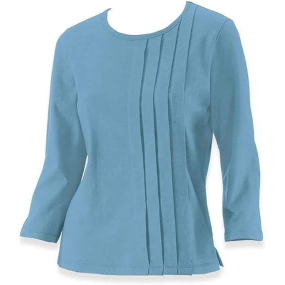 SAGEFINDS Side Pleated Tunic Knit Top for Women, Ladies Shirt with Long 3/4 Sleeves, Business Casual Blouse - Ocean Blue petite Medium