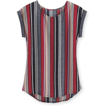 SAGEFINDS Slimming Stripes Blouse for Women, Vertical Striped Top with Cap Sleeves and Round Neck, Dressy Casual Shirt - 1X