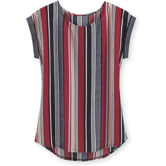 SAGEFINDS Slimming Stripes Blouse for Women, Vertical Striped Top with Cap Sleeves and Round Neck, Dressy Casual Shirt - 1X