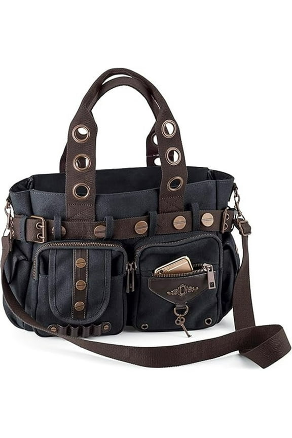 Steampunk Key Canvas Handbag | Crossbody Shoulder Purse for Women | Messenger Bag with Top Handles | Adjustable and Detachable Body Strap | Hobo with Multi Pockets | 14 x 10