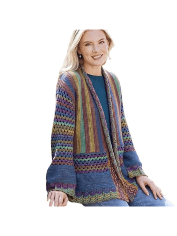 Striped Bell Sleeve Cardigan for Women, Knitted Open Front Jacket with Long Sleeves, Loose Outerwear Coat - 1X