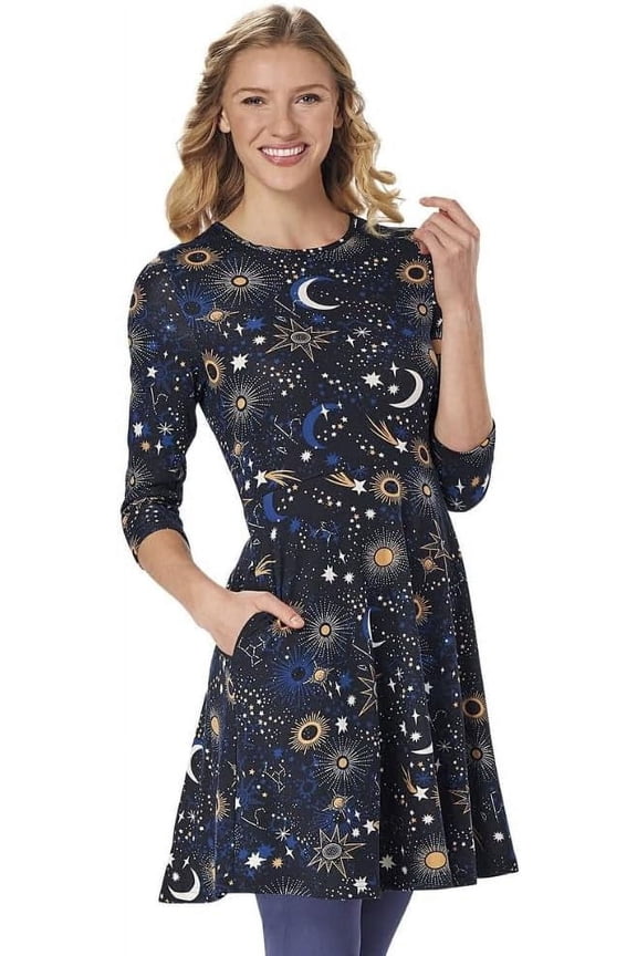 Sun Moon and Stars Printed Dress for Women, Casual Tunic with Celestial Galaxy Design and 3/4 Sleeves - Large
