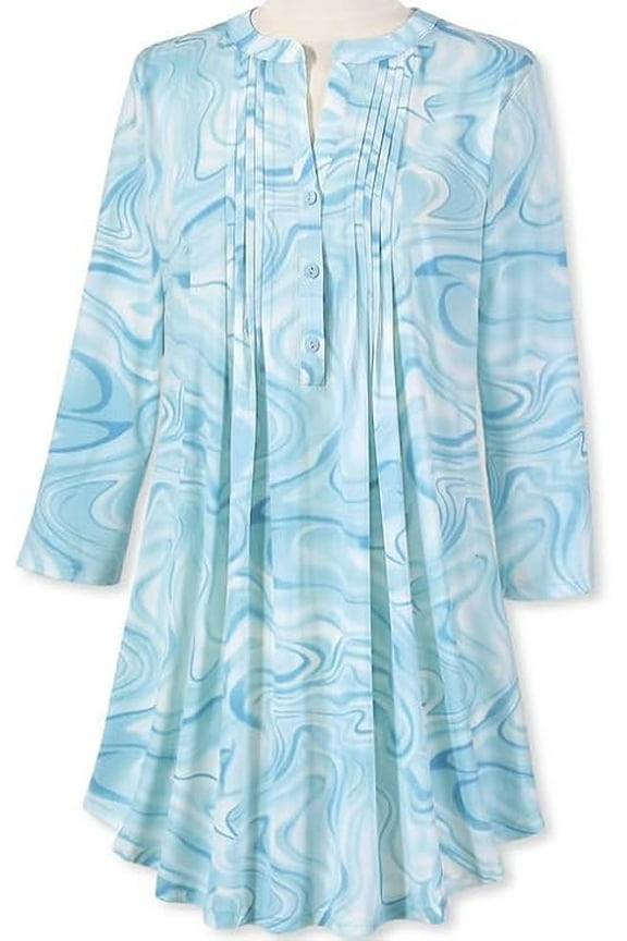 Swirling Water Tunic Top for Women, Blue Pintuck Blouse, Business Casual Loose Blouse for Work - X-Large