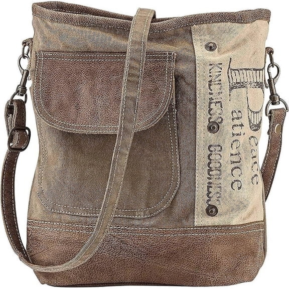 SAGEFINDS Upcycled Canvas Shoulder Bag, Earth Friendly Tote Bag, Inspirational Words, No Two Alike, Adjustable Strap, Fully Lined, Zip Closure,12" x 12 ¾"