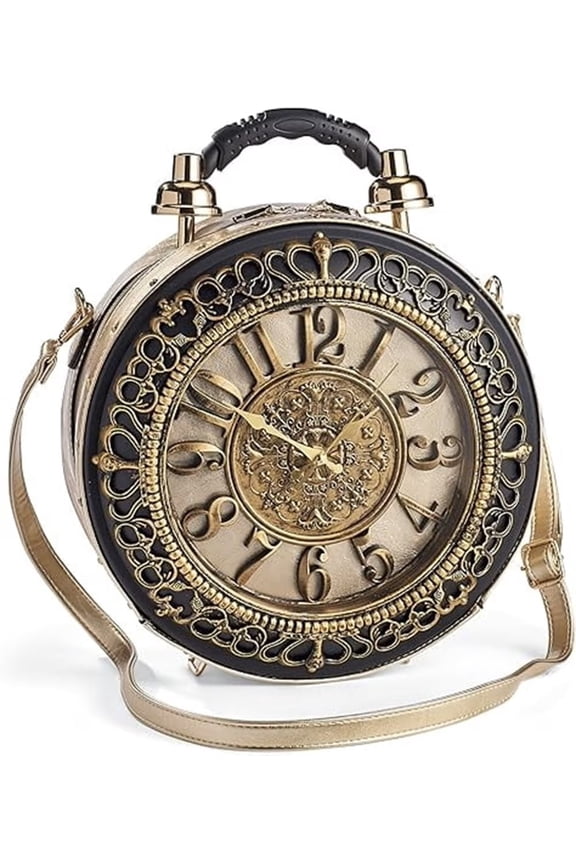 Vintage Clock Bag, Vegan Leather Crossbody Shoulder Purse for Women, Real Working Clock, Round Shaped, Steampunk Retro Fashion Handbag, Zip Top, 14 Diameter