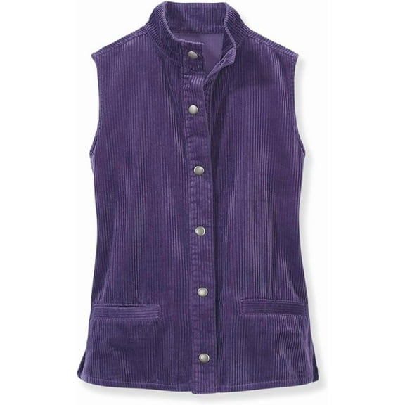 SAGEFINDS Women's Corduroy Vest, Sleeveless Jacket with Pockets, Stand Up Collar, Snap Button - Eggplant - X-Large