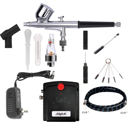 SAGUD Professional Mini Airbrush Kit with Portable Compressor - Perfect for Painting, Hobby, Craft, Model - Dual-Action Gravity Feed Air Brush Gun with Airbrush Cleaning Kit