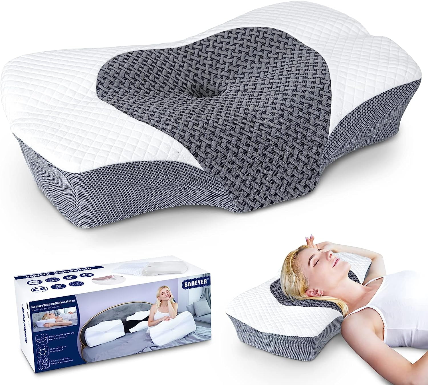 SAHEYER Neck Pillow Foam Bed Pillow for Ergonomic Neck and Shoulder Pain  Memory Ergonomic Neck Support Orthopedic Pillow 25 x 15.98 x 4.17/5.31  inches , 2.86 Ib (Grey) 