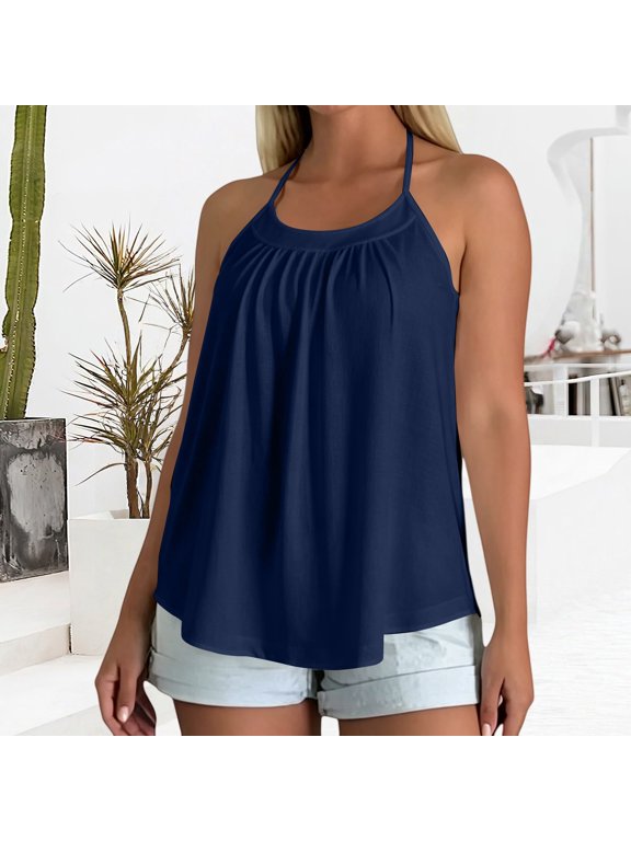 Built in Bra Tank Tops for Women Casual Loose Fitted Tank Tops Tunic Tops Halter Tops Sports Yoga Shirts Crop Tops Camisole Tops Basic Tee Classic Backless Top Pleated Long Flowy Tank Tops Blue