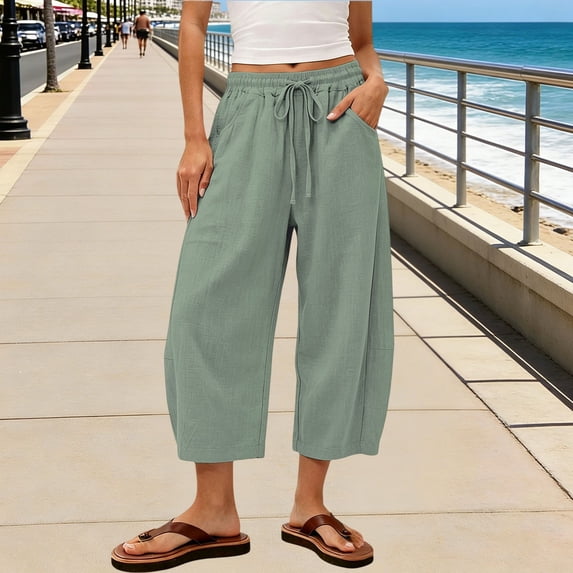 SAHFX Capri Pants for Women Linen Barrel Pants Flowy Trousers Elastic Waist Linen Blend Pants Pants for Women with Drawstring Breathable Linen Pant Relaxed Fit Pants Ladies Pants with Pockets