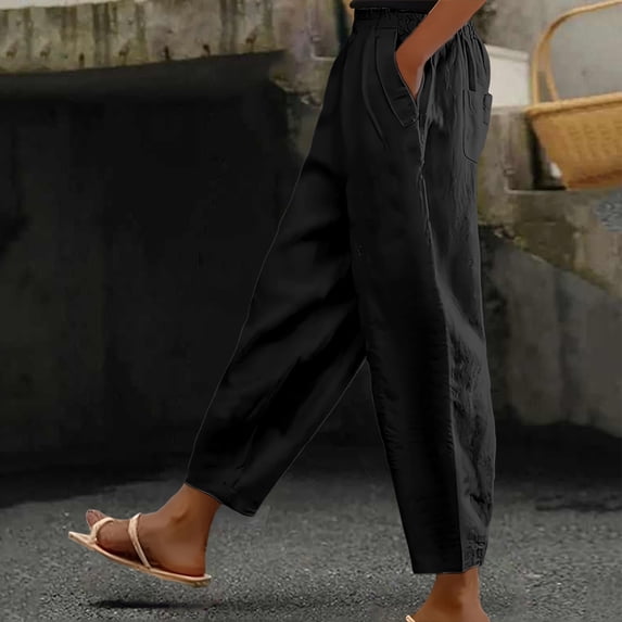 SAHFX Cropped Linen Pants for Women Balloon Pants Harem Slacks Solid Color Straight Leg Pants Palazzo Pants Resort Womens Slacks Elastic Waist Trousers with Pockets Boho Travel Pant Muslin Pants