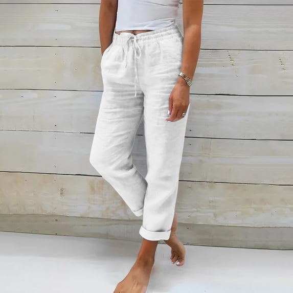 SAHFX Cropped Linen Pants for Women Tapered Pants High Waisted Drawstring Pant Split Hem Pants Elastic Waist Trousers with Pockets Lounge Pants Boho Travel Pant Office Dress Work Slacks Palazzo Pants