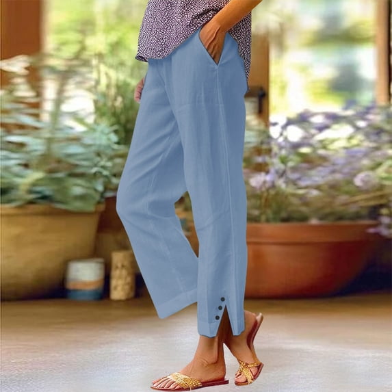 SAHFX Linen Ankle Pants for Women Tapered Pants Pants Split Hem Pants Straight Leg Pants Beach Vacation Clothes Elastic Waist Trousers with Pockets Palazzo Pants Beach Slacks Solid Color Slacks