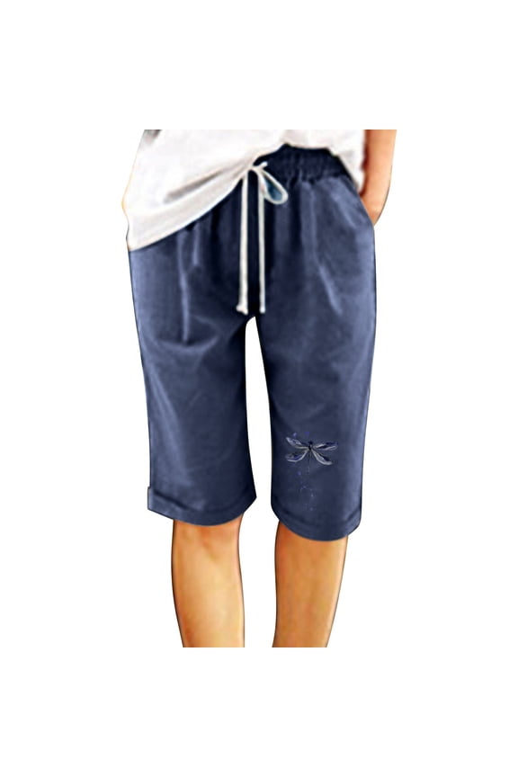 Linen Blend Shorts Women Dragonfly Print Workout Shorts Straight Leg Juniors Shorts Drawstring Shorts with Pockets Elastic Waist Shorts Women Flowy Shorts Boat Shorts Women Loose Fit Shorts