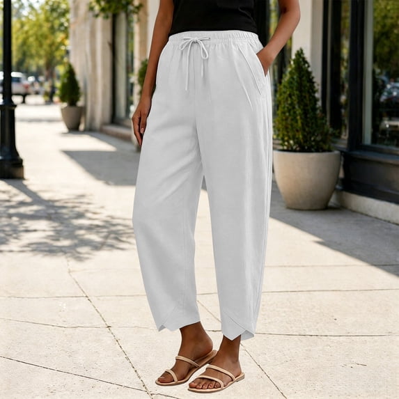 SAHFX Linen Crop Pants for Women Harem Pants Barrel Trousers Boho Travel Pant Beach Vacation Clothes Elastic Waist Trousers with Pockets Solid Color Office Work Slacks Beach Travel Vacation Outfits