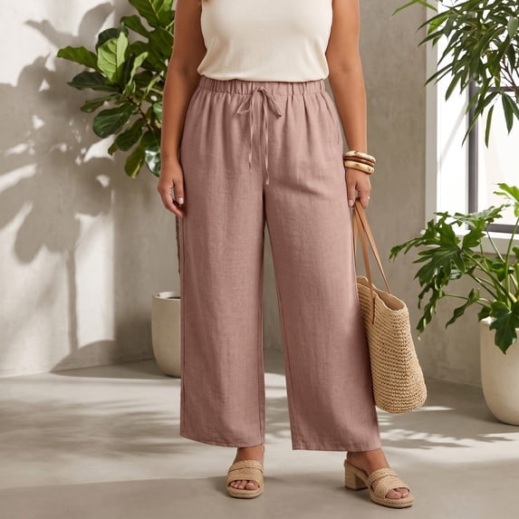 SAHFX Linen Crop Pants for Women Wide Leg Solid Color Slacks Palazzo Pants Loose Fit Trousers Straight Leg Pants With Pockets Ankle Pants Lounge Pants for Women Tapered Pant Pull-On Pants