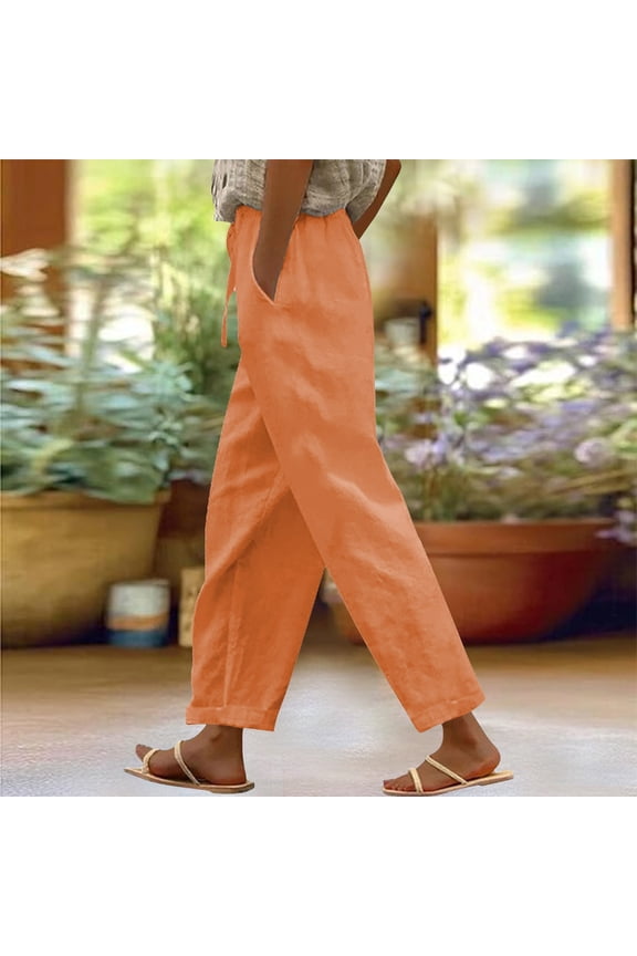 Linen Pants for Women Balloon Pants Harem Slacks High Waisted Drawstring Beach Travel Vacation Outfits Breathable Pant Straight Leg Pants Capris Trousers Elastic Waist Trousers with Pockets