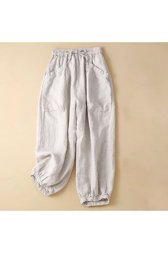 Linen Pants for Women Harem Balloon Pants Wide Leg Pants Elastic Waist Trousers with Pockets Lounge Pants Ankle Pants Split Hem Pants Pants Capris Trousers Straight Leg Pants Solid Color Slacks