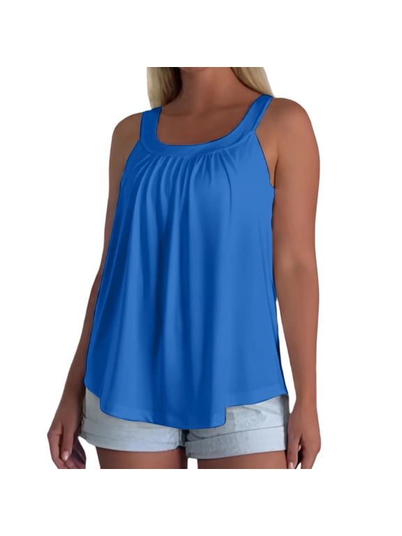 Tank Tops with Built in Bras Summer Outfits Classic Casual Loose Fitted Tank Tops Workout Tops Solid Color Wide Strap Going Out Tops Sleeveless Halter Tops Padded Tank Tops Crew Neck Sky Blue