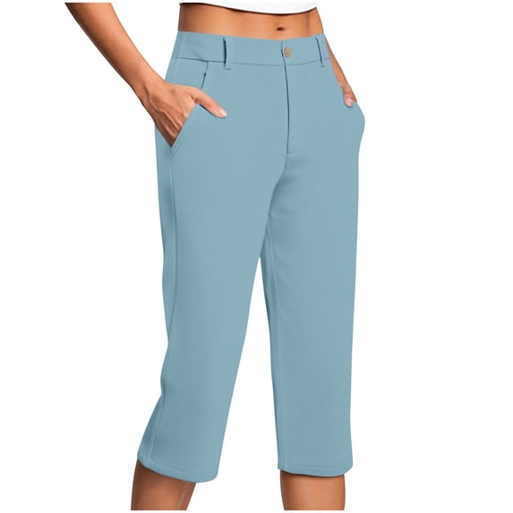 SAHFX Womens Capris for Summer Button Stretch Pants with Pockets Wide Leg Pants Dress Pants 2026 Business Pull on Straight Leg Soft Comfy Beach Pant Quick Dry Light Blue XXL