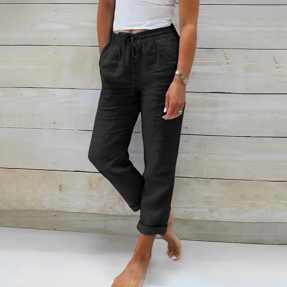 SAHFX Womens Cropped Pants Cotton Linen Tapered Pants Breathable Pant Long Pant Office Dress Work Slacks Pants Loose Fit Trousers High Waisted Drawstring Pant Resort Lounge Baggy Trousers