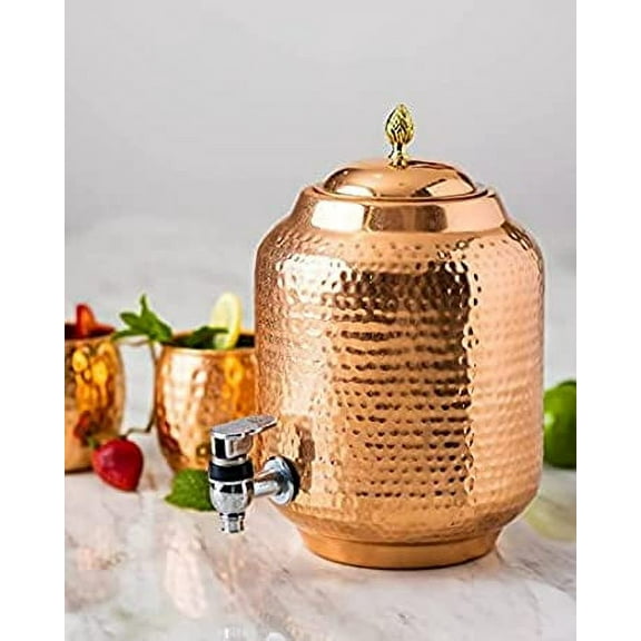 SAI DECORATIVE 5 Litre Beautiful Hammered Design Copper Water Dispenser Container Pot with 1 Copper Glass and Stand, Pure Copper and (5000 ml)