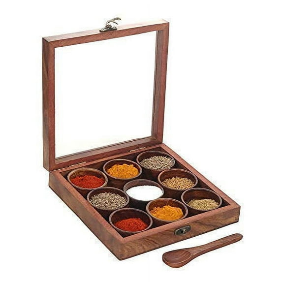 SAI DECORATIVE Beautiful Wooden Masala Box & Spice Jar (9 Round Containers)