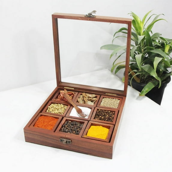 SAI DECORATIVE Beautiful Wooden Masala Box & Spice Jar (9 Square Containers)