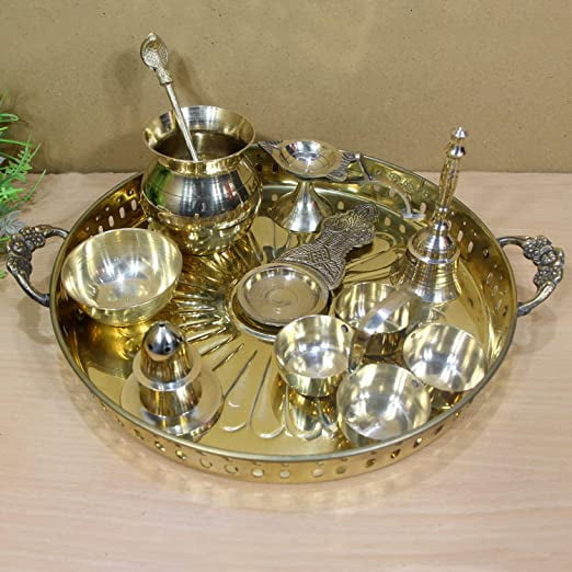 SAI DECORATIVE Brass Puja thali with Handle,multi-purpose use for Home Puja Office Restaurant Kitchen Weddings Parties Gift and Festival thali set -9 (Size-10")
