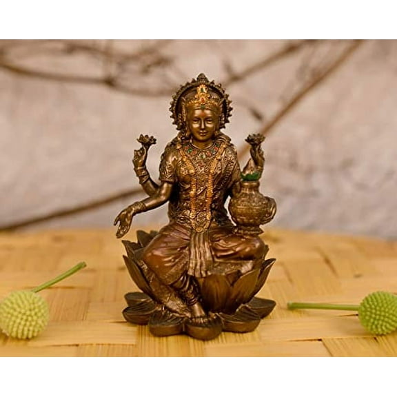 SAI DECORATIVE Bronze Laxmi MATA Blessing Sitting on Lotus with Kalash & Bronze Statue for Temple Puja Home Decor Murti Office Gift Item Showpiece hight-12 cm