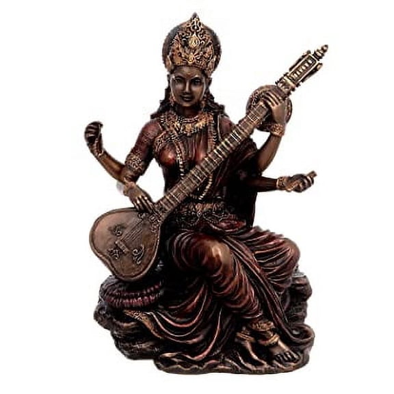 SAI DECORATIVE Polyresin Bonded Bronze Maa Saraswati Idol Statue Murti for Puja (6-inch)