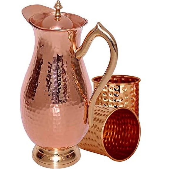 SAI DECORATIVE Pure Copper Royal Jug Water Pitcher Copper Hammered Drinkwater Jug for Ayurveda Healing Capacity 2 litter (1Jug & 2glass)